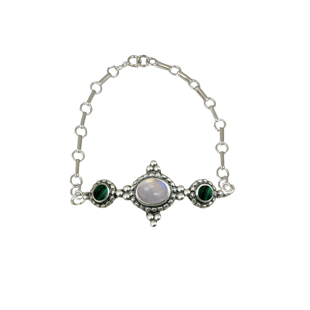 Sterling Silver Gemstone Adjustable Chain Bracelet With Rainbow Moonstone And Malachite